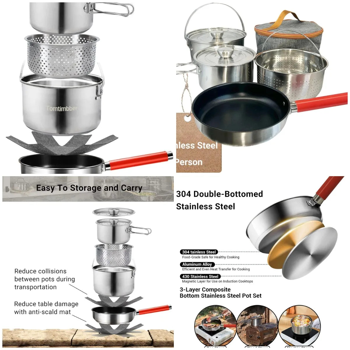 Camping Cookware Set 304 StainlSteel Cooking Pots Pan Set with Travel Tote Bag for Camping Outdoor