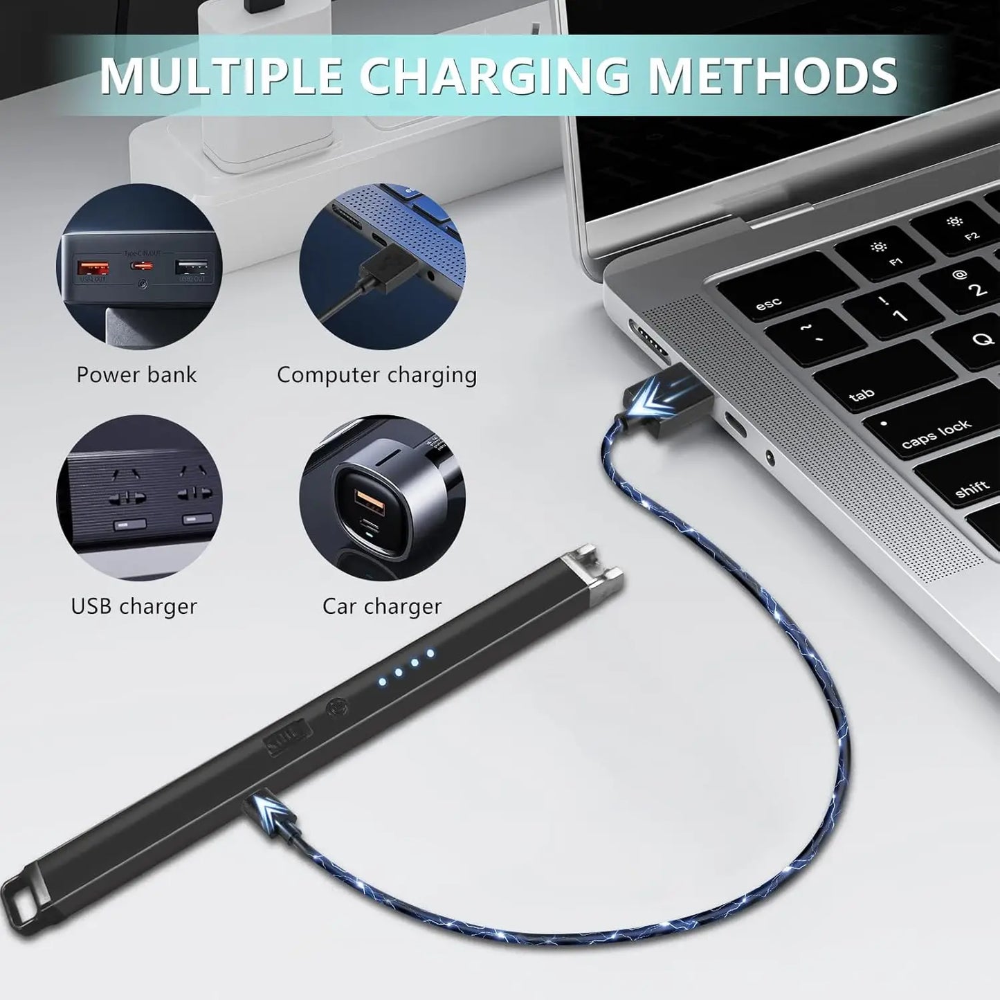 Rechargeable Electric Lighter with Battery Indicator and Safety Switch for Candles, BBQ, Camping