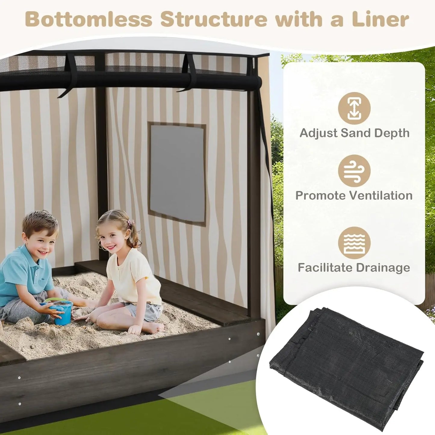 Kids Wooden Sandbox with Canopy, Large Sand Pit w/Mesh Door, Windows, Bench Seats, Foldable Storage Box & Bottom, Customized
