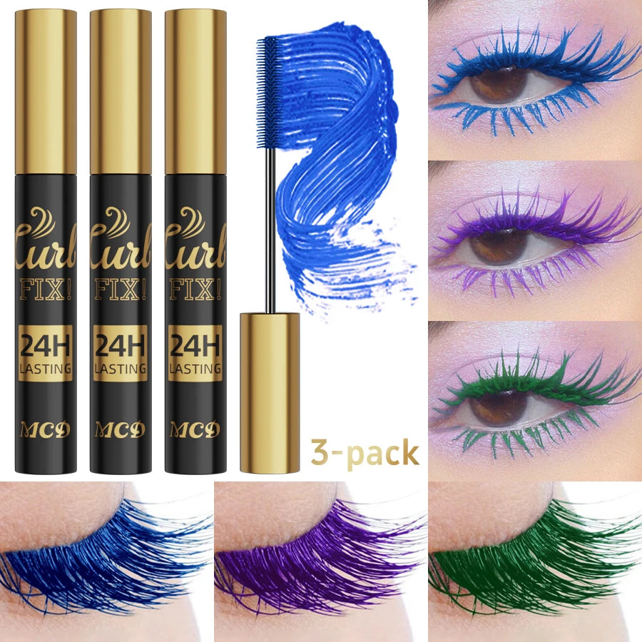 3pcs Colorful 3D Eye Blue Green Purple Mascara Waterproof Lengthens Eyelashes Extension Silk Fiber Mascare Eye Makeup for Women Cosmetic Korean Makeup Gifts Eye Beauty
