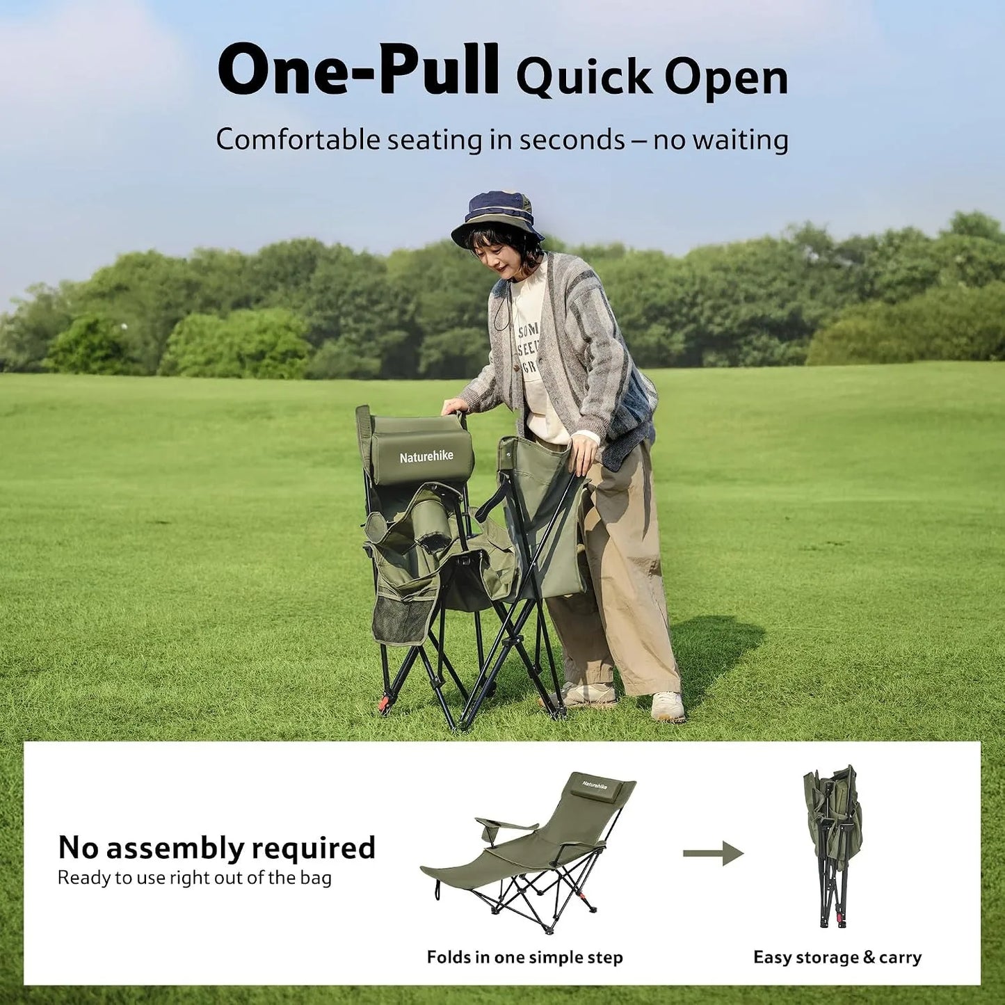 Naturehike 3-Position Adjustable Recliner Portable Folding Reclining Camping Chair with Footrest for Beach Lunch Easy Storage