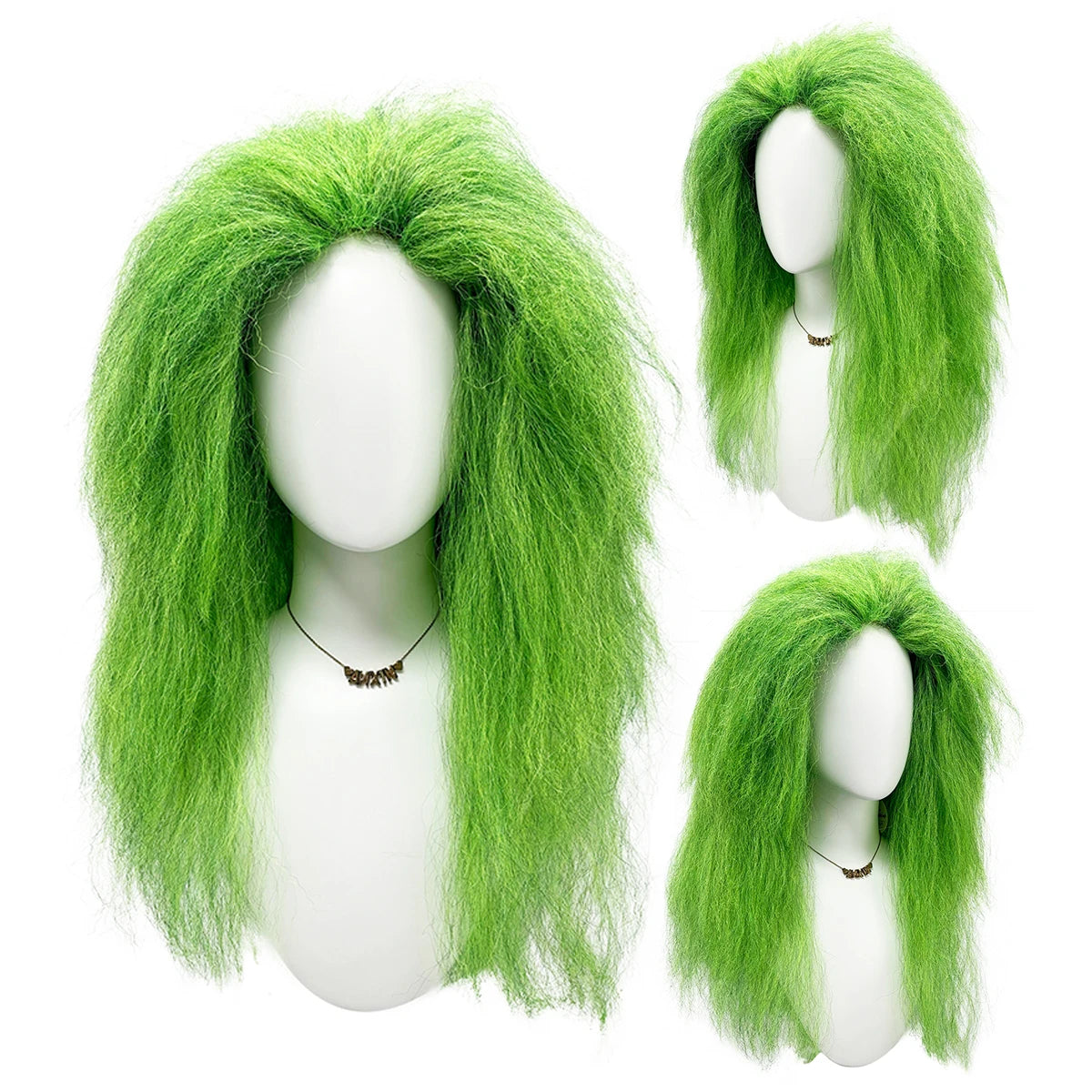 Bright Green Premium Synthetic Fiber Long Curly Wig Fluffy Messy Frizzy Voluminous Big Curls No Bangs Center Part Heat Resistant Adjustable Cap for Women Girls Cosplay Party Halloween Costume Role Play Stage Show Photo Shoot