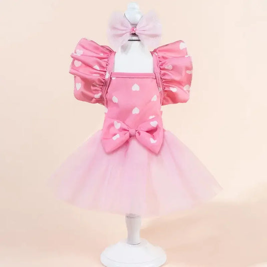 Cute Fashion Print Pet Dress with Bow, Plaid Pet Costume, Elastic Mesh Princess Dress, Puppy Cat, Complete Set, Clothing, Puppy Clothes