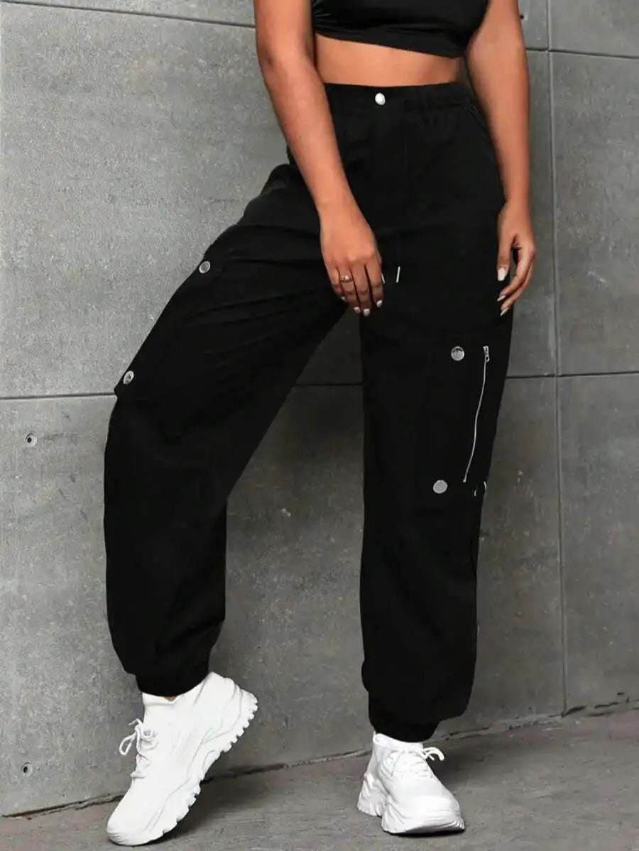 Plus Size Cargo Parachute Pants For Women, High Waist Baggy Fit Polyester Pants, Vibrant Red Streetwear Pants With Zipper
