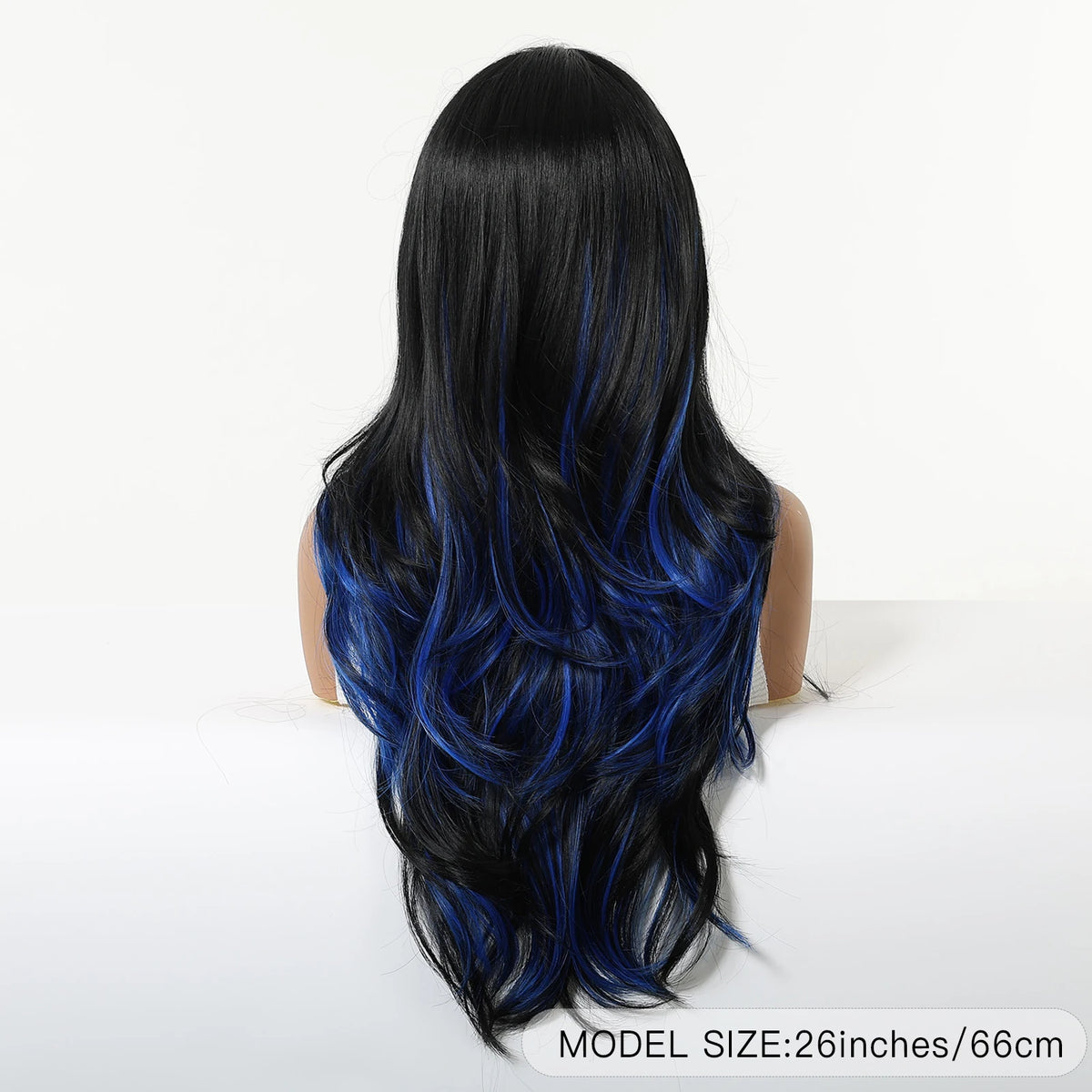 Halloween Wig Long Wavy Synthetic Wig Black and Blue Highlights 26 Inch Heat Resistant  Wigs for Women Black Wig with Blue Highlights Chemical Fiber Hair with Bangs Face Framing Cosplay Costume Party Goth Anime Daily Wear Sof