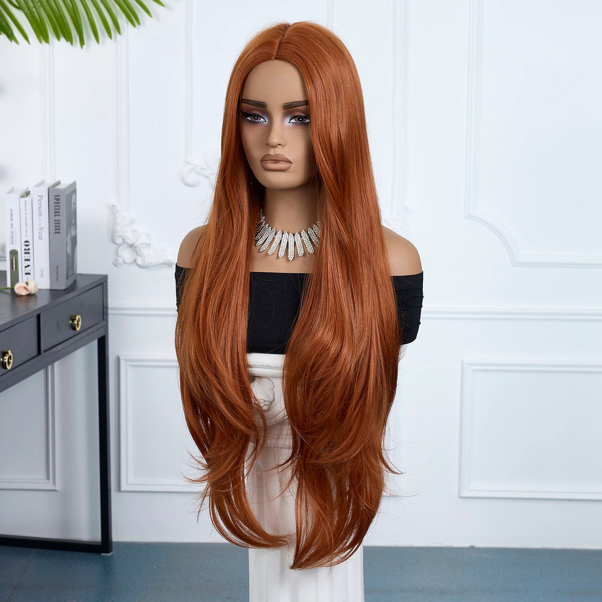 Halloween Wig Brown Synthetic Wig Ginger Orange Long Straight Wig for Woman Heat Resistant Fiber Copper Red Long Layered Straight Middle Part Wig Suitable for Cosplay Party Costumes Daily Wear Natural Looking
