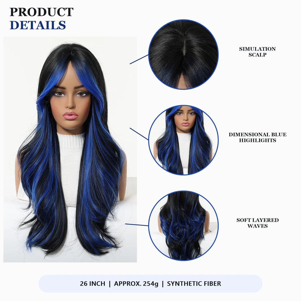Halloween Wig Long Wavy Synthetic Wig Black and Blue Highlights 26 Inch Heat Resistant  Wigs for Women Black Wig with Blue Highlights Chemical Fiber Hair with Bangs Face Framing Cosplay Costume Party Goth Anime Daily Wear Sof