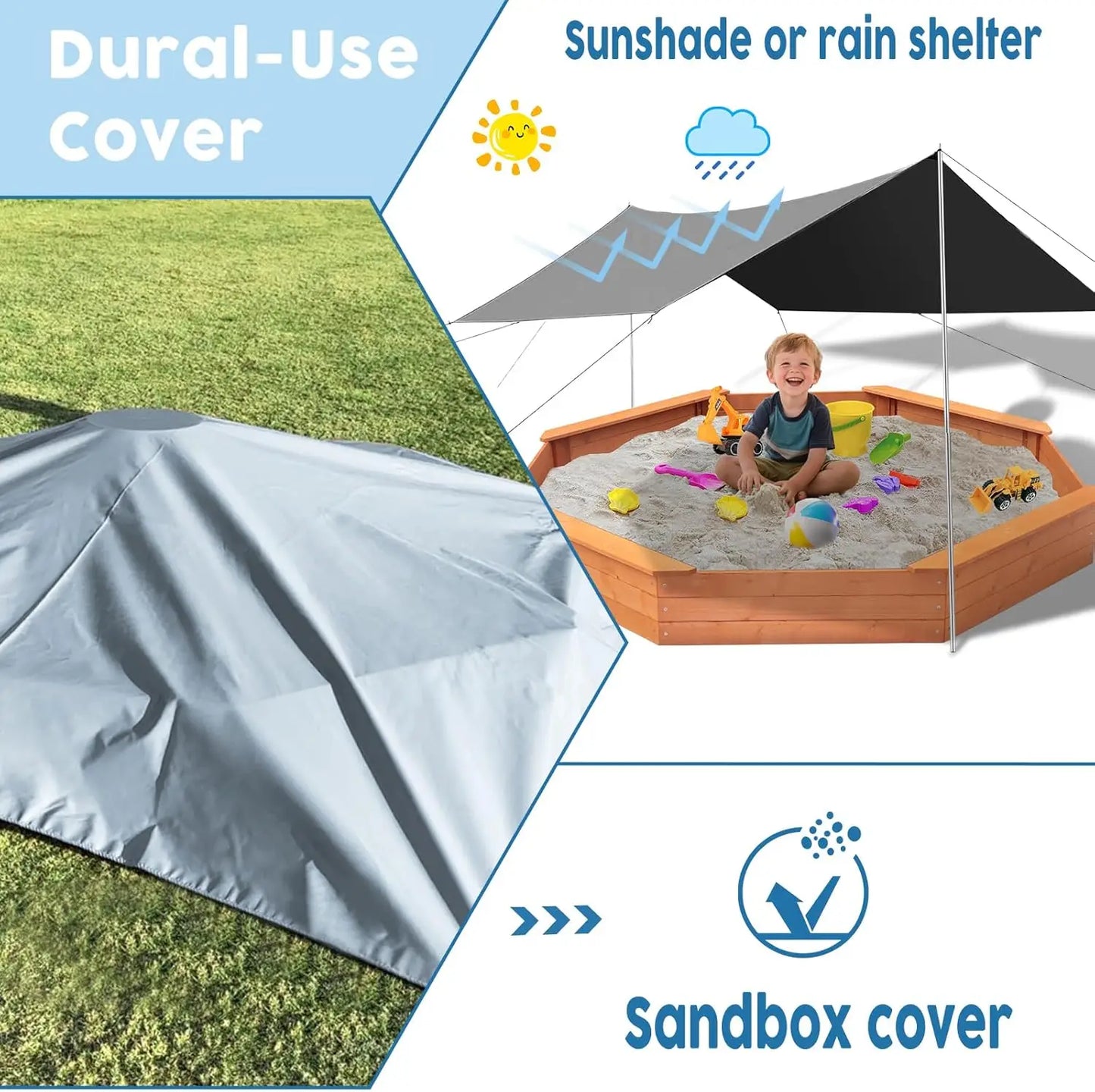 Kids Large Octagonal Wooden Outdoor Sandbox with Cover, 4 Built-in Benches Extra Large Sandpit, Bottom Liner, Playset Gift for Kids