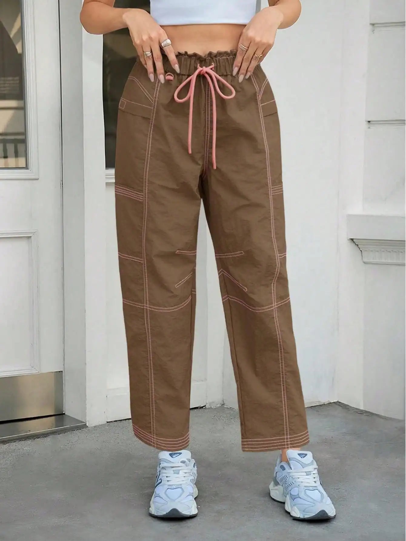 Women's Baggy Cargo Joggers With Pockets - Elastic Waist Lounge Pants  Loose Fit Casual Streetwear Sweatpants Hiking Track Pants