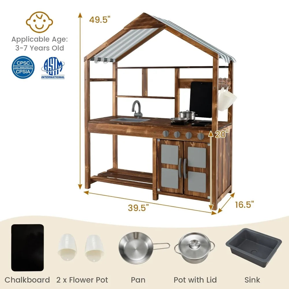 Mud Kitchen with Canopy, Fir Wood Play Kitchen for Toddlers, Garden Sink, Stoves, Chalkboard, Storage Cabinet, Customized