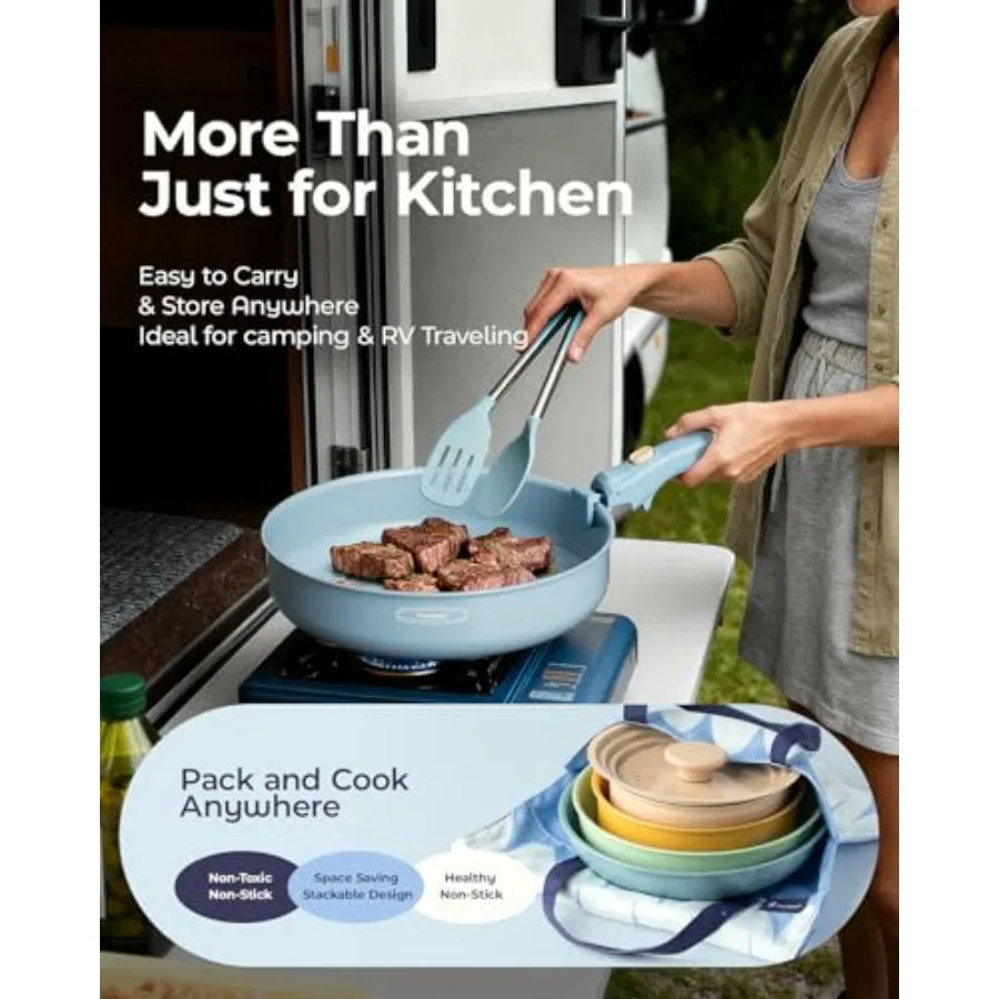 Ceramic Cookware Set, Detachable Handle Pots and Pans Non Stick, 12-Piece Camping Cooking Set Nonstick with Storage Bag, Anti-S
