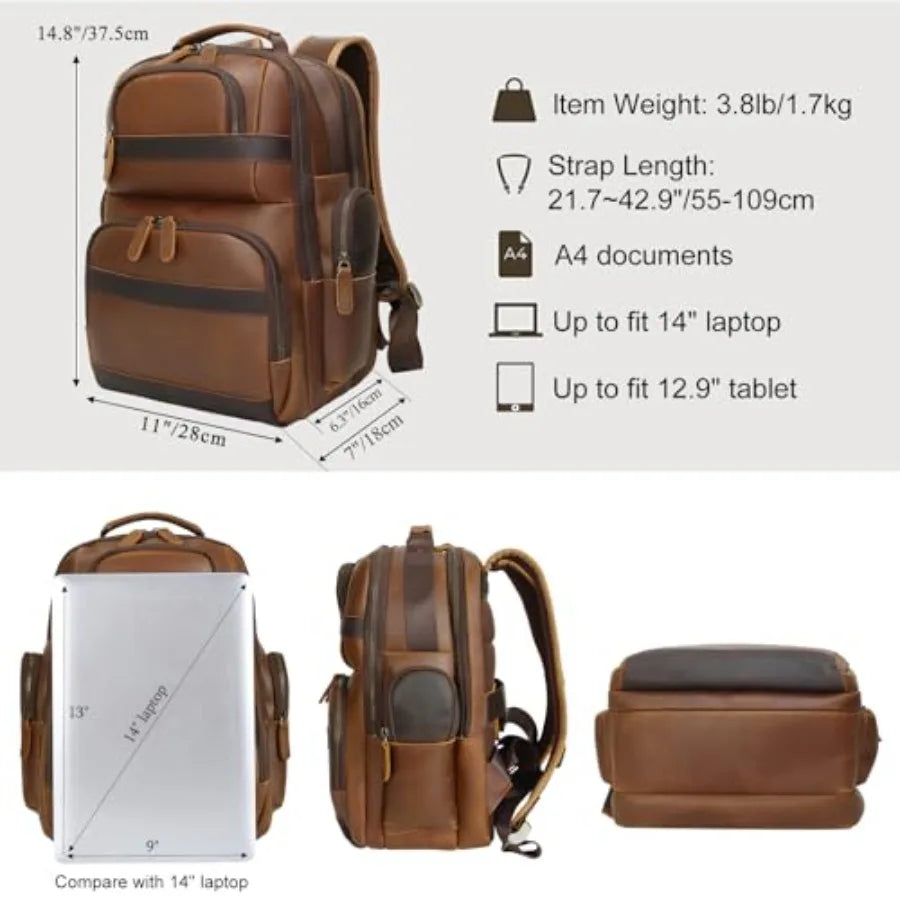 Men's Vintage Leather Backpack 15.6 Laptop Bag Large Capacity Business Travel Hiking Shoulder Daypacks Brown Premium Quality