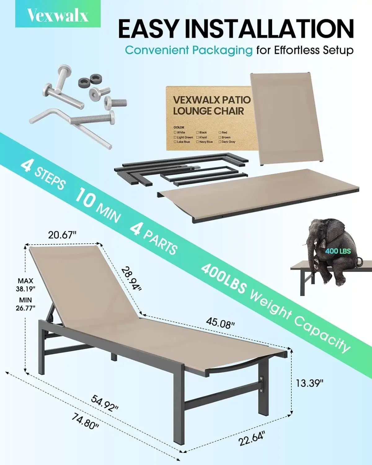 Set of 2 Outdoor Lounge Chairs Aluminum Patio Chaise Lounge with 5-Position Recliner, Pool Lounge Chairs, Customized