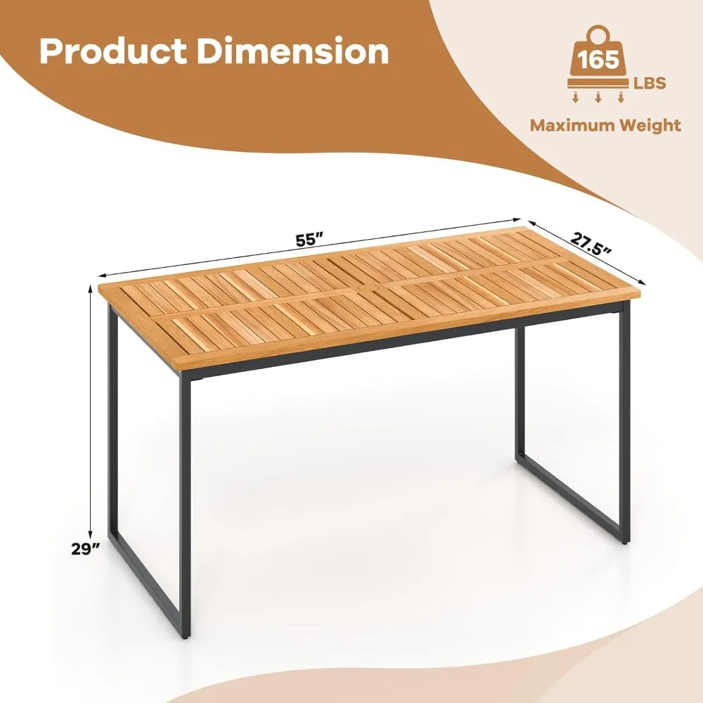 Patio Acacia Wood Dining Table for 6 Person, 55 Inches Rectangle Outdoor Table with Heavy Duty Metal Legs