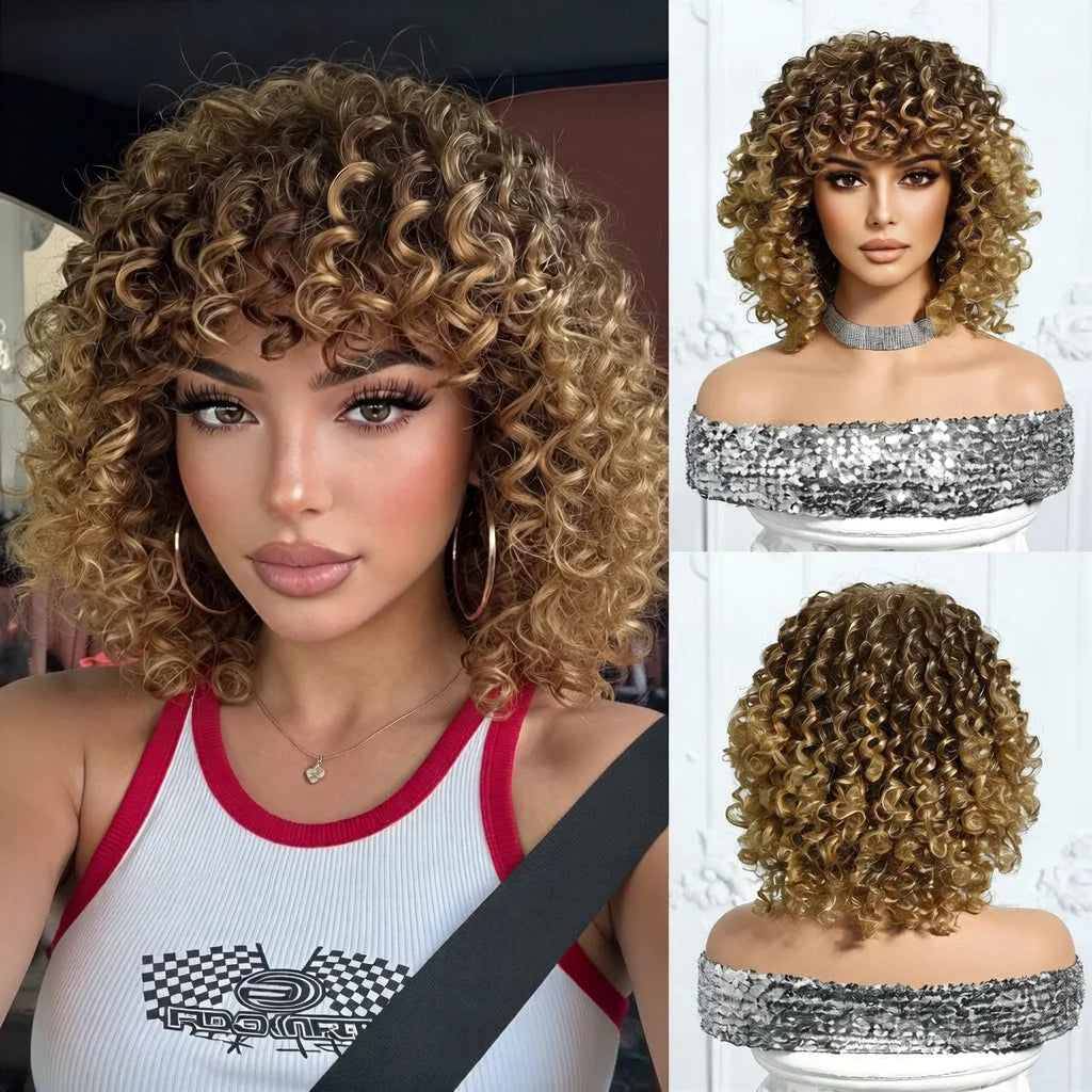 Halloween Wig TopShe 10In Goth Afro Puff Wig Brown Kinky Curl Women Synthetic Wigs Heat Resistant Short Kinky Curly Bob Wig with Bangs for Women's Daily Wear Suitable for Parties Cosplay Daily Wear