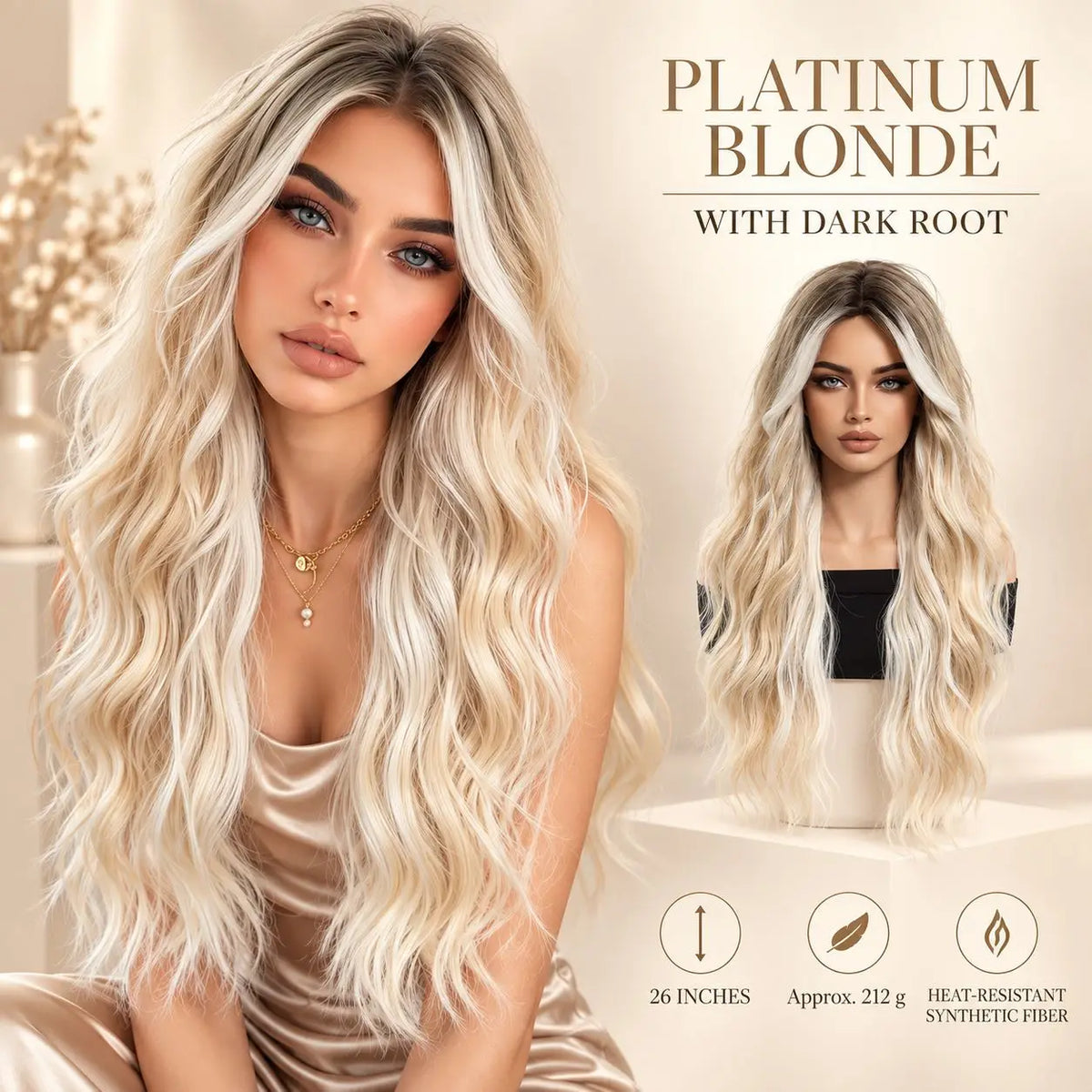 Halloween TopsShe 26 Inch Long Wavy Synthetic Wig Platinum Blonde with Dark Root, Heat Resistant Natural Looking Ombre Blonde Wigs for Women Cosplay Costume Party Daily Wear, Full Flowing Soft Wave Hair Styling Glamour Fashio