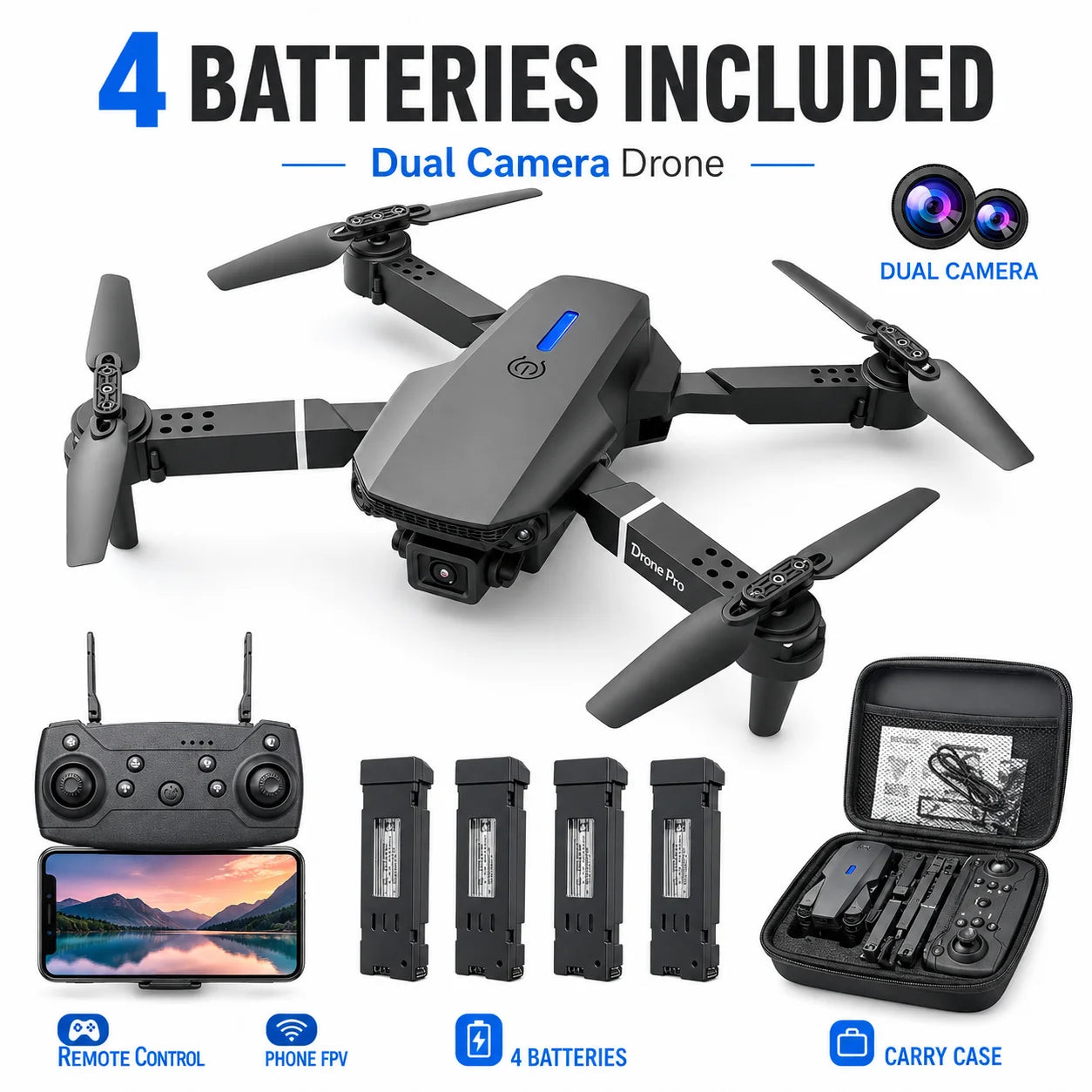 ZNLYRION 4K Dual Camera FPV Drone E88 Pro 15Mins Flight Time Foldable Quadcopter with Altitude Hold Headless Mode One-Key Takeoff/Landing
