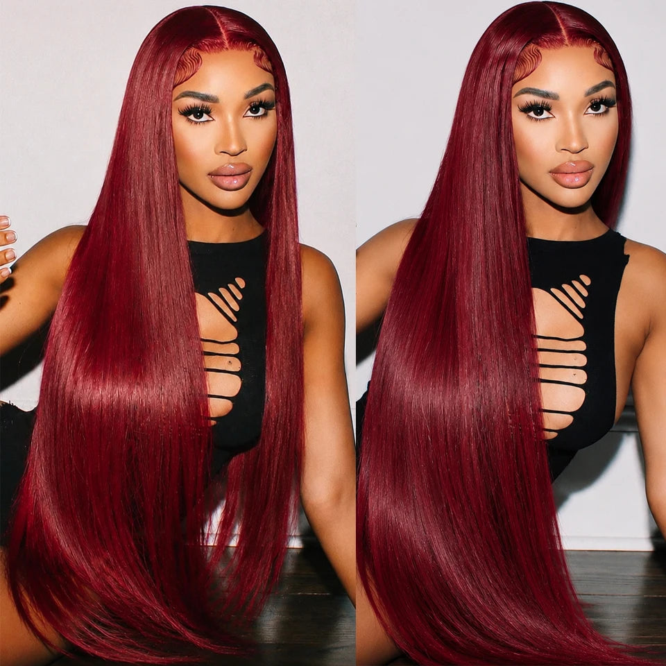 38inch 13x6 HD Lace Front Wig 99J Red Burgundy Colored Human Hair Wigs Straight Human Hair Wigs Transparent Lace Frontal Wigs