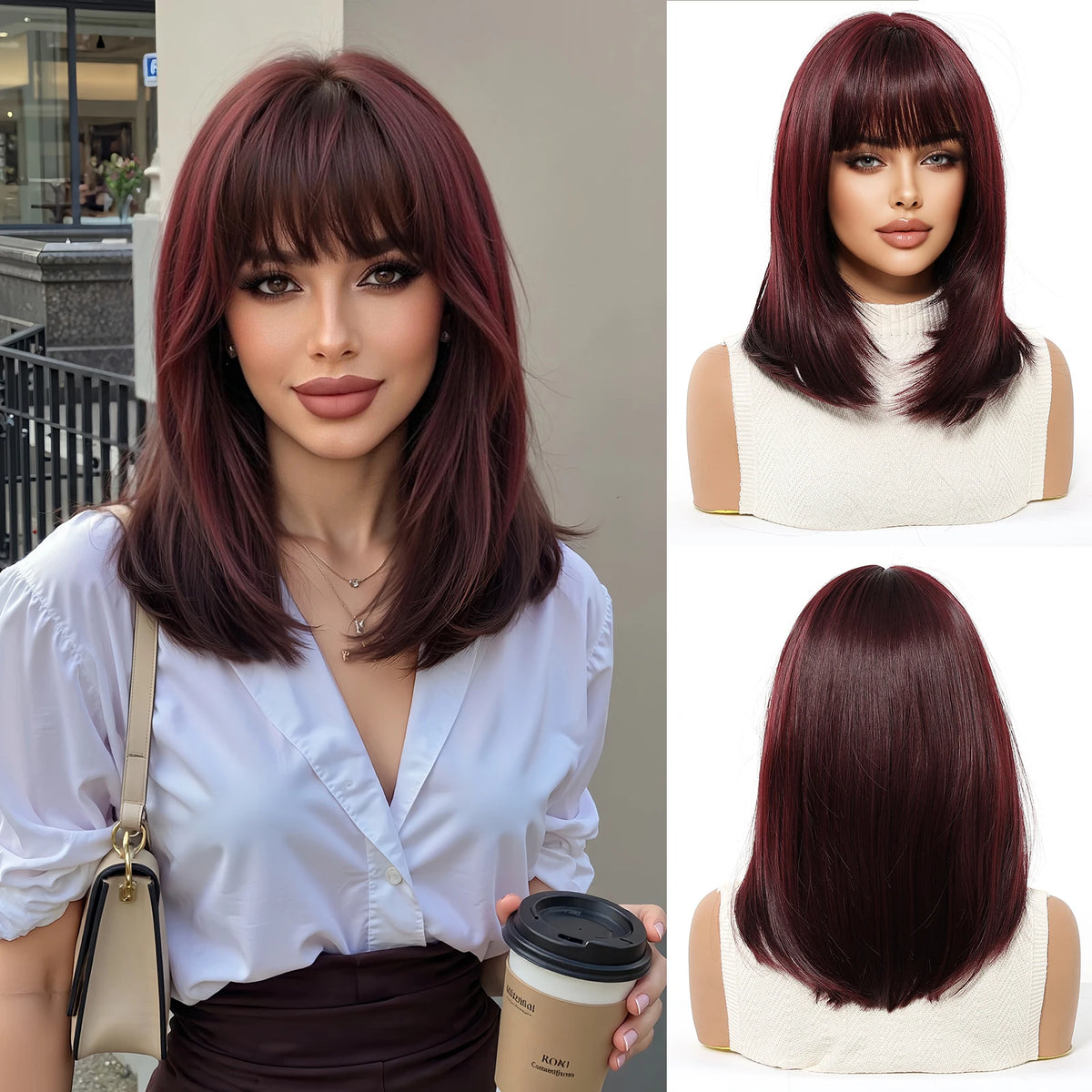 Halloween Wig TopShe Long Straight Wine Red Synthetic Wig with Bangs Heat Resistant Fiber Straight Bob wig for Woman Natural Looking Costume Party Cosplay Daily Wear Skin Friendly No Shedding No Tangles 170g Hot Sale