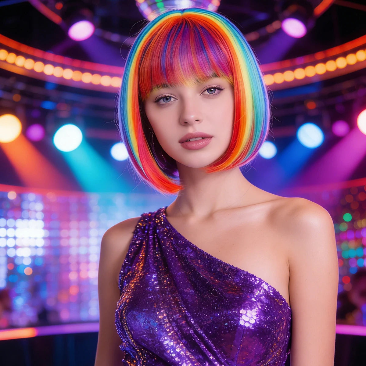 Rainbow Bob Wig Synthetic Short Straight Bangs Multi Color Cosplay Costume Wig Halloween Party Carnival Pride Parade Anime