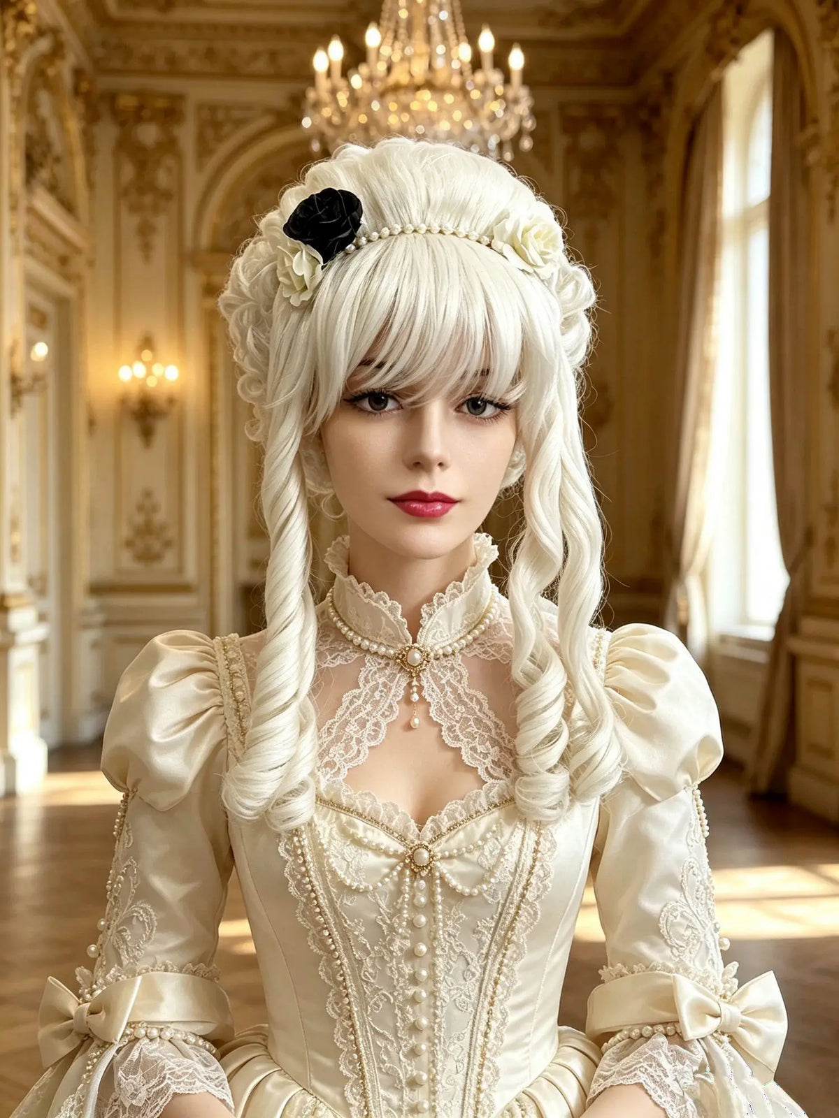 White Premium Synthetic Fiber Curly Wig with Bangs Spiral Curls Side Braids Fluffy Voluminous Updo with Pearl Flower Headband Black White Rose Accessories Lolita Gothic Style Adjustable Cap for Women Girls Cosplay Party Hallo