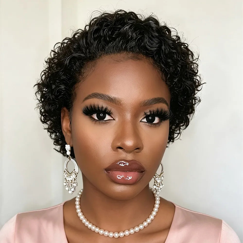 natural black color halloween gift  for women short curly wave 13x4 lace bob human hair wig pixie cut wig human hair wig