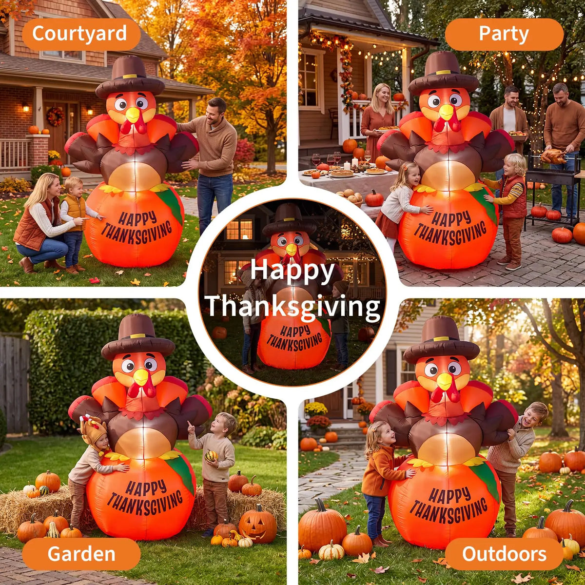 6ft Thanksgiving Pumpkin Turkey Inflatable Yard Decor With 7 Led Lights, Blower, Stakes & Ropes For Lawn Porch Garden Party Home