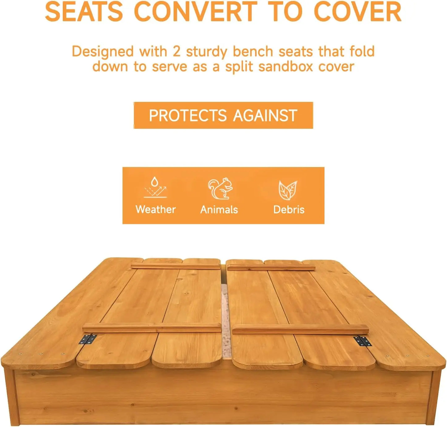 Large Wooden Kids Sandbox with Lid - Outdoor Sand Box for Kids with Cover Sand Protection, Foldable Bench Seats and Bottom Liner