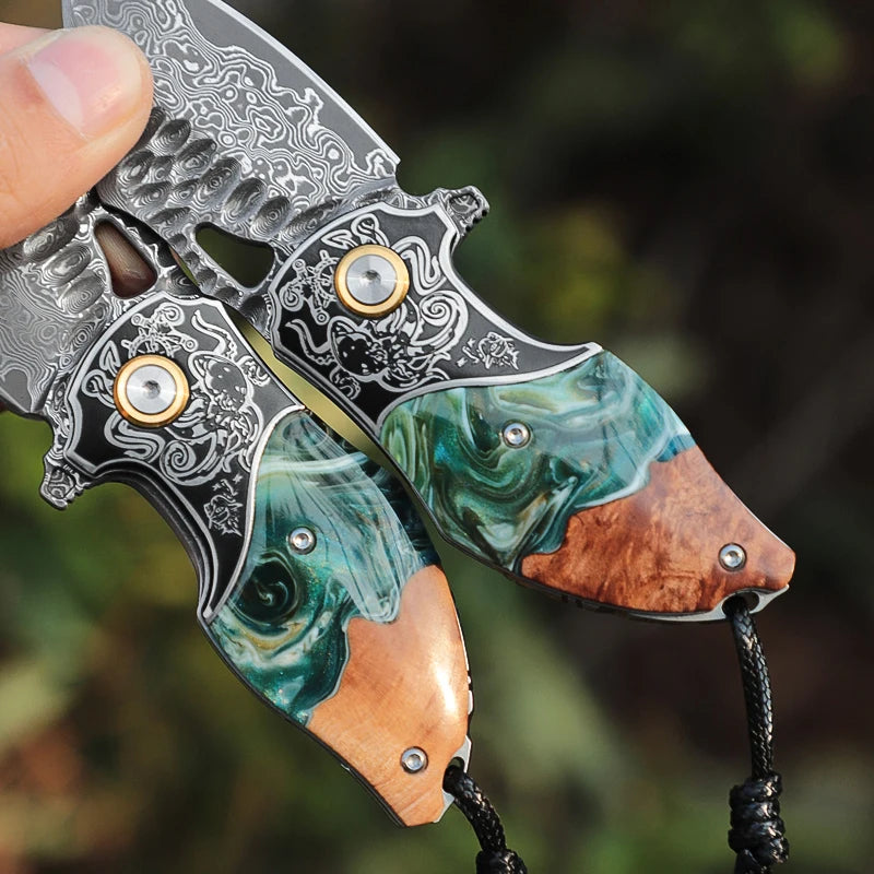 Damascus Steel Folding Pocket Knife, Unisex EDC Knife with Leather Sheath, Ideal for Camping, Exploration, and Survival Use