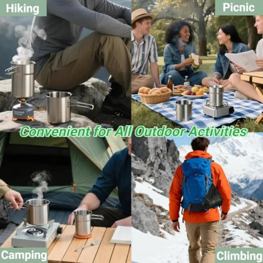 Foldable Camping Cups Mugs Camping Pot Cookware 304-Food-Grade Outdoor Camp Cooking Set with Vented lid, Stainless Steel Backpa