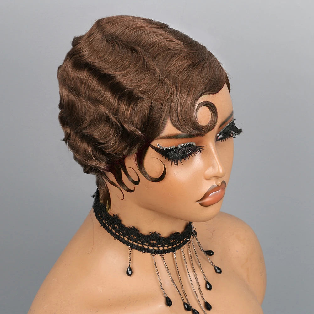 Finger Wave Wig Short Mommy Hair Curly Wigs for Black Women Lady Wig Cosplay Costume Halloween Party Pixie Cut Wig Human Hair