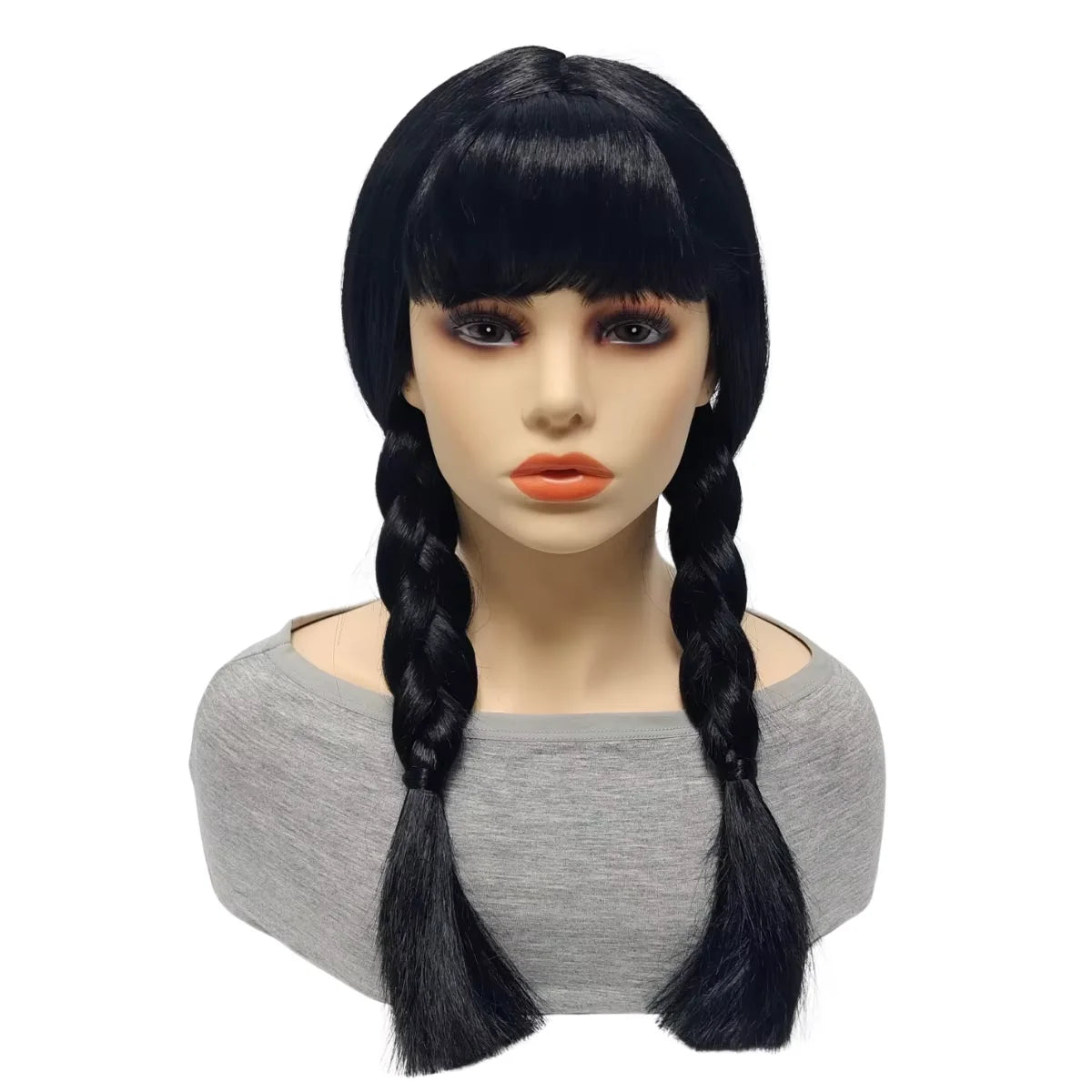 Black Synthetic Fiber Heat Resistant Low Shedding Cosplay Wig with Bangs Double Braids Side Long Hair Shiny Smooth Adjustable Cap for Women Girls Party Halloween Costume Role Play Stage Show Photo Shoot Daily Use
