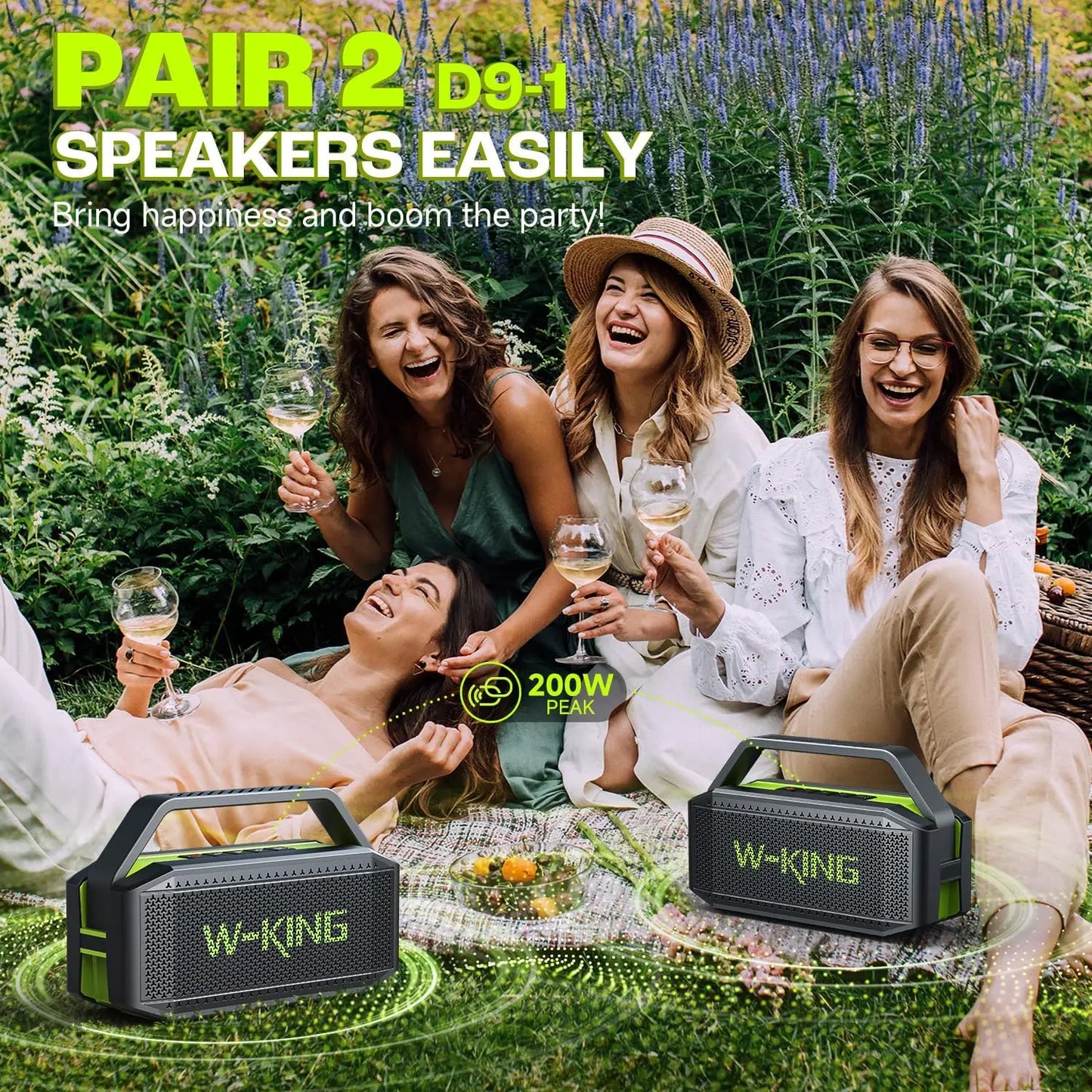 W-KING D9-1 Green Bluetooth Speaker, 100W Peak 60W HD IPX6 Portable Speaker Wireless Loud Waterproof Outdoor Party Large Boombox 2 Subwoofer/Ex-Large Passive Radiator-All Round Deep Bass/40H/PowerBank/TF/AUX/EQ