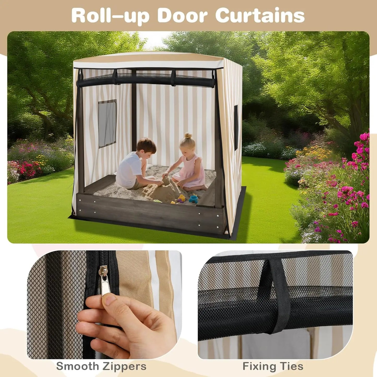 Kids Wooden Sandbox with Canopy, Large Sand Pit w/Mesh Door, Windows, Bench Seats, Foldable Storage Box & Bottom, Customized