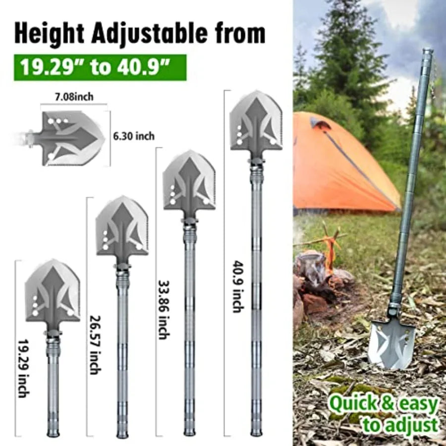 Multifunctional Folding Tactical Shovel Hatchet Combo with Axe Flashlight and Extension Handles in Black for Camping Cycling Hiking