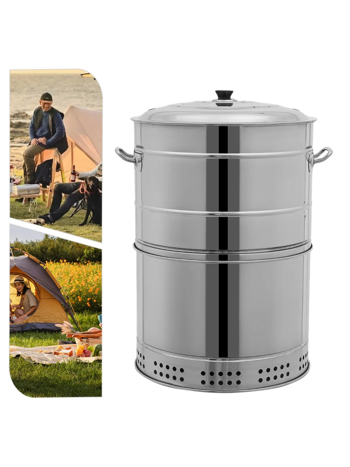 Large Stainless Steel Portable Smokeless Barbecue Charcoal Barrel Grill with Multiple Clips for Camping Picnics Backyard BBQs