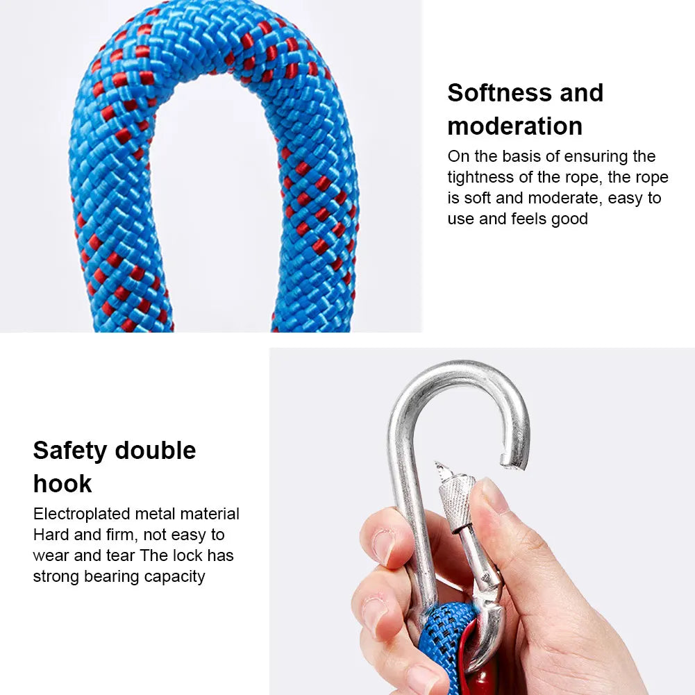 10mm Rock Climbing Rope with 2 Hooks Outdoor Static Rapelling Rope 10m/20m/30m Mountaineering Rope for Outdoor Sports