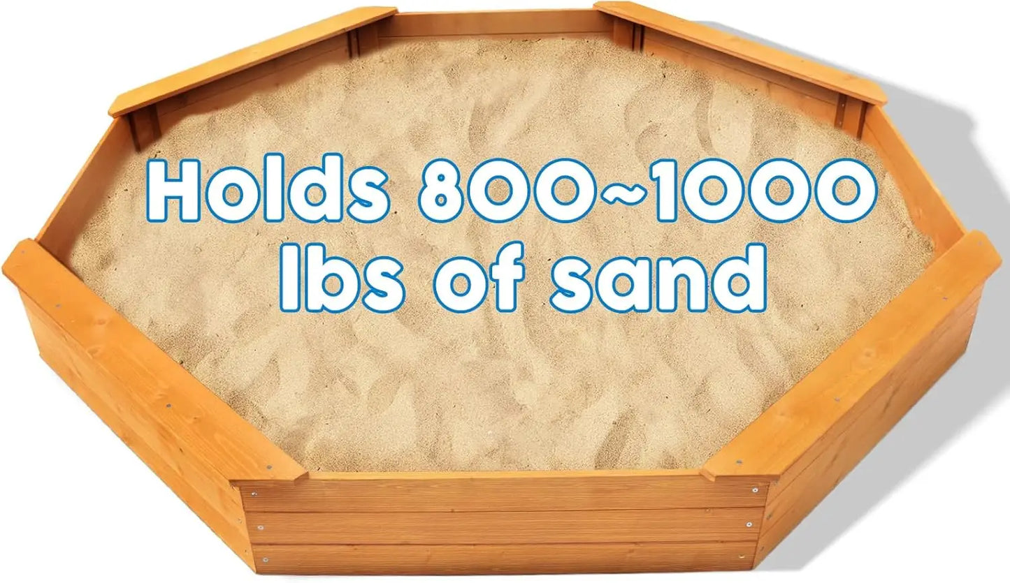 Kids Large Octagonal Wooden Outdoor Sandbox with Cover, 4 Built-in Benches Extra Large Sandpit, Bottom Liner, Playset Gift for Kids