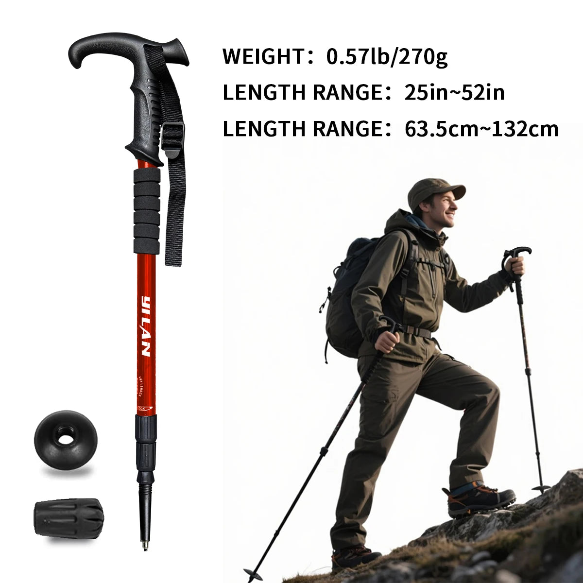 Ultralight hiking poles with shock absorption and quick-locking system, made of aluminum alloy, suitable for outdoor mountaineering, hiking, trekking, backpacking, and camping.