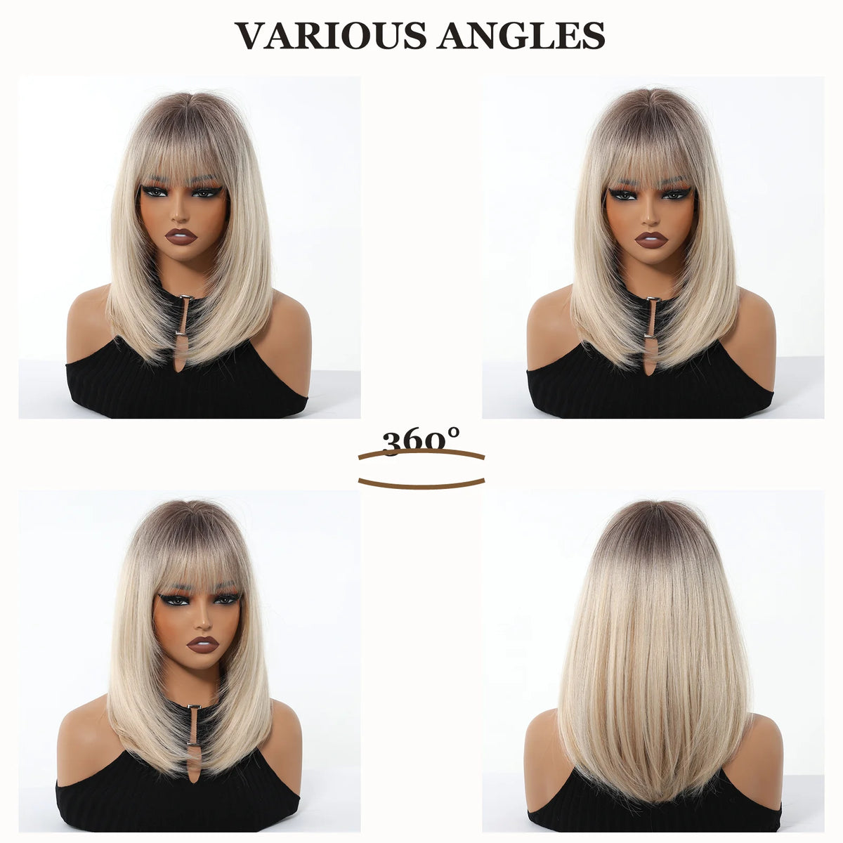 Halloween TopShe14 inch Blonde Bob Wig for Woman Straight Synthetic Wig with Bangs Blonde with Dark Roots Heat Resistant Wigs for Women Cosplay Costume Party Daily Wear Natural Looking Soft Full Head Fiber Wigs Fashion Gradie