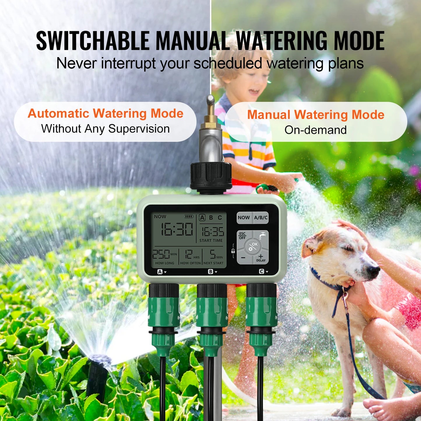 Water Timer 3 Outlets Hose 3 Independent Watering Zone LCD Display Rain Delay Mode Manual Mode Watering Sprinkler Timer