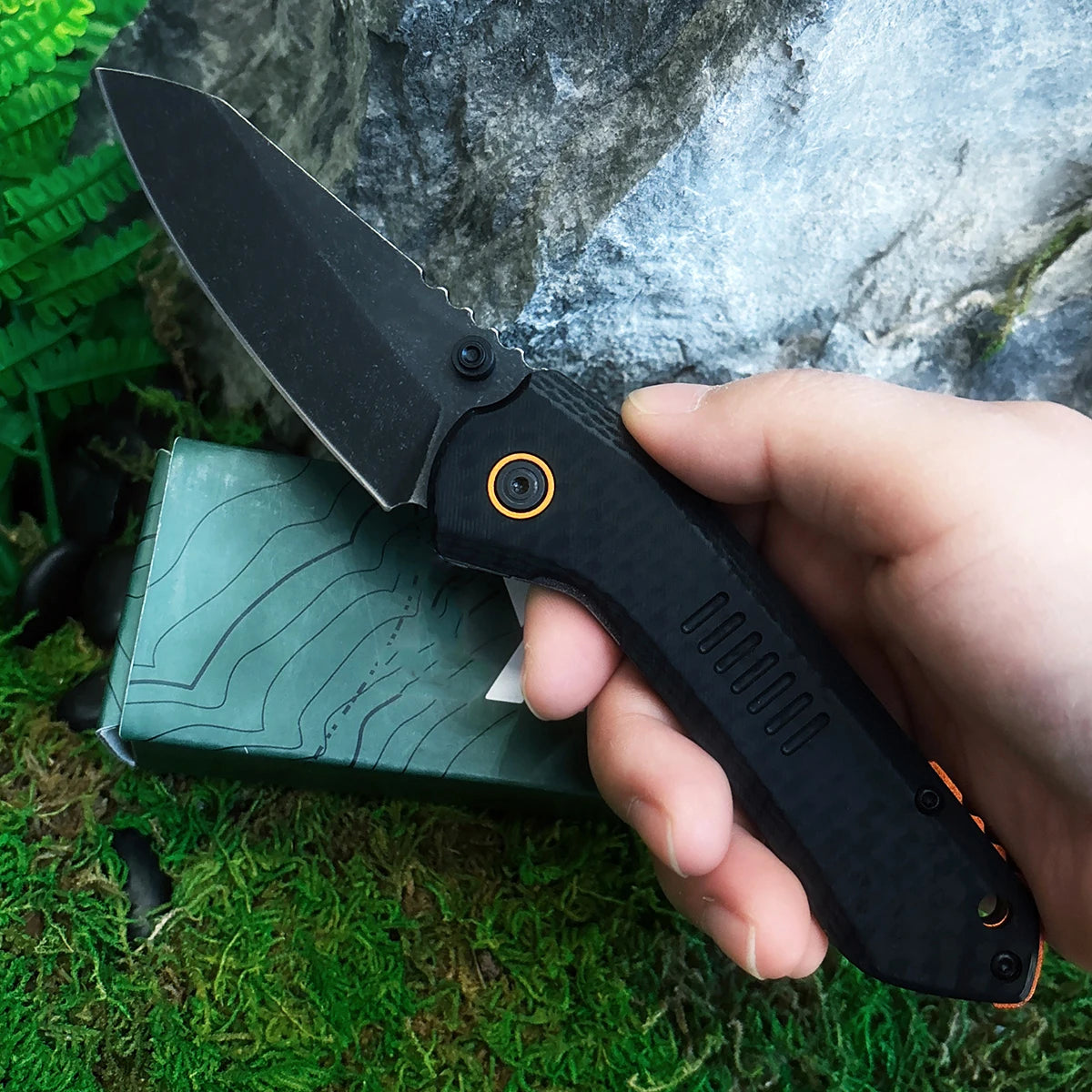 EDC Tool,Folding Pocket Knife, Stone-Washed Black Steel Blade,G10 Handle,Outdoor Camping Hunting Survival Gear,Father's Day Gift