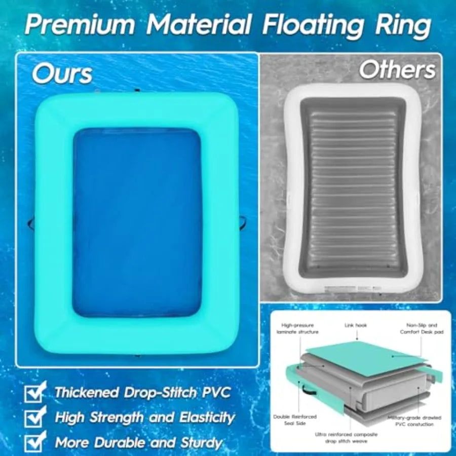 Rectangle Floating Ring 6FT/6.6FT Inflatable Water Hammock Pool Floats for Adults Sunbathing Platform Raft in Blue Durable PVC