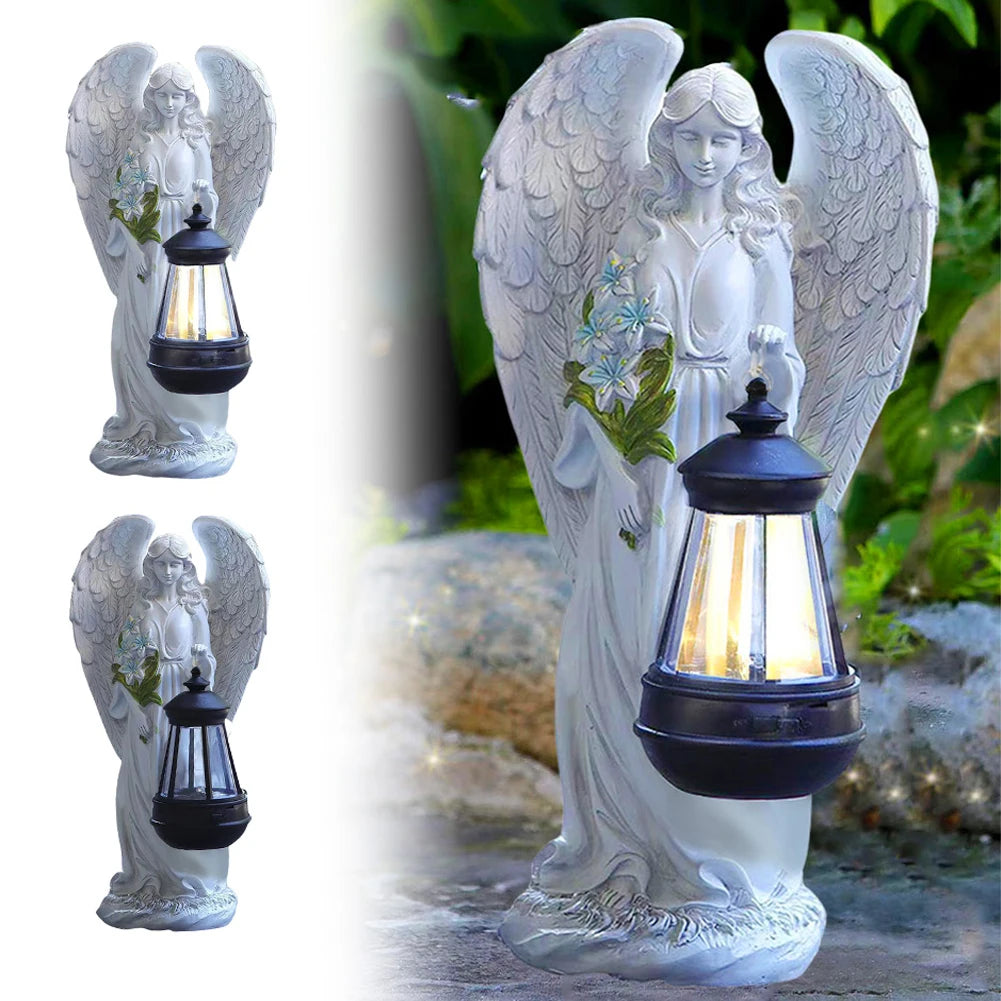 Solar Angel Statue Light Auto On & Off Decorative Angel Figurine Lantern Fairy Figurine Decor Lamp for Outside Yard Art Patio