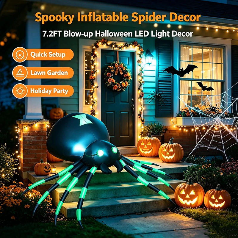 Giant 7.2FT LED Glowing Inflatable Spider Creepy Blow Up Yard Decor with Stakes & Blower, Outdoor Halloween Airblown Spider for Lawn Garden Party Quick Setup & Fast Deflate Design USA Warehouse Fast Shipping