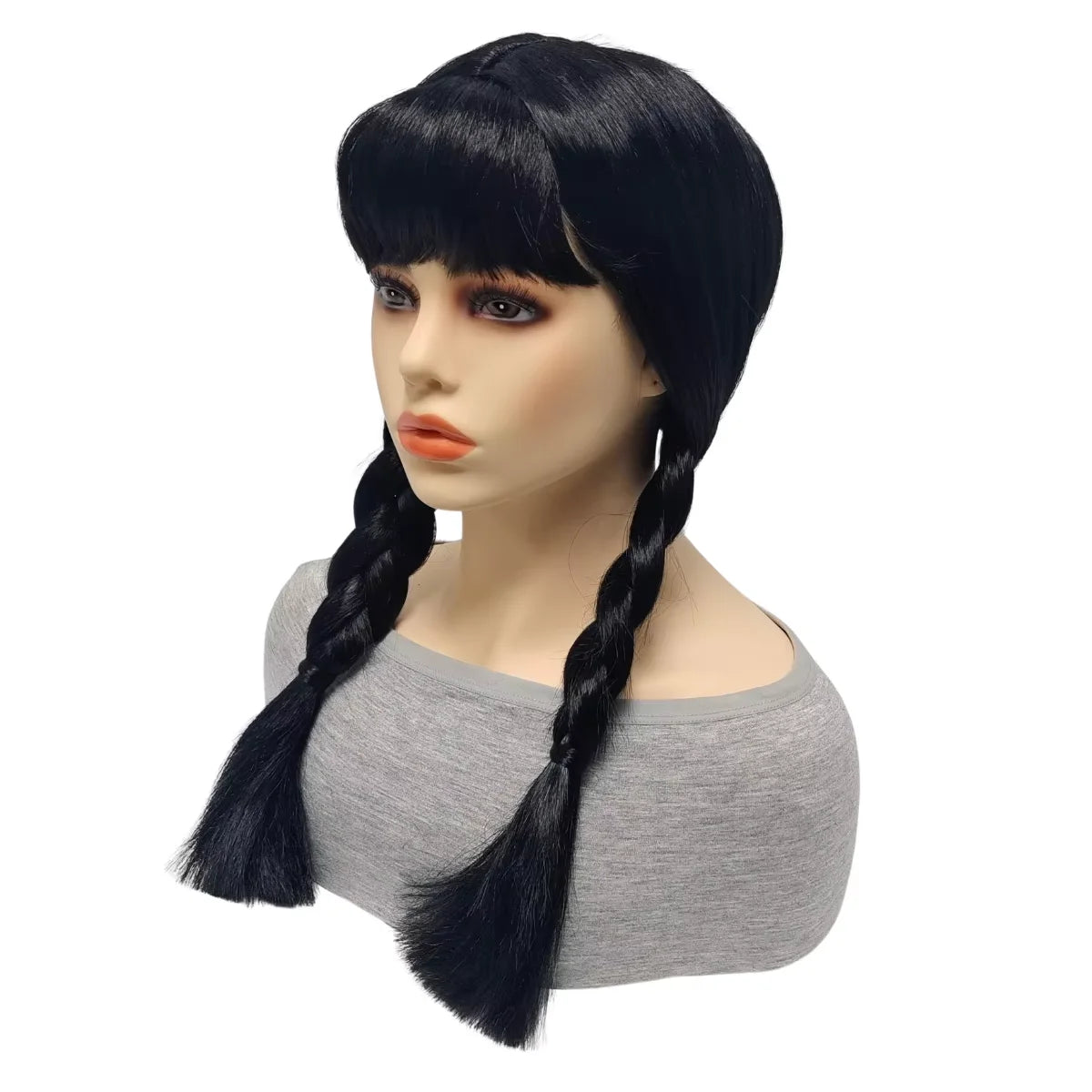 Black Synthetic Fiber Heat Resistant Low Shedding Cosplay Wig with Bangs Double Braids Side Long Hair Shiny Smooth Adjustable Cap for Women Girls Party Halloween Costume Role Play Stage Show Photo Shoot Daily Use