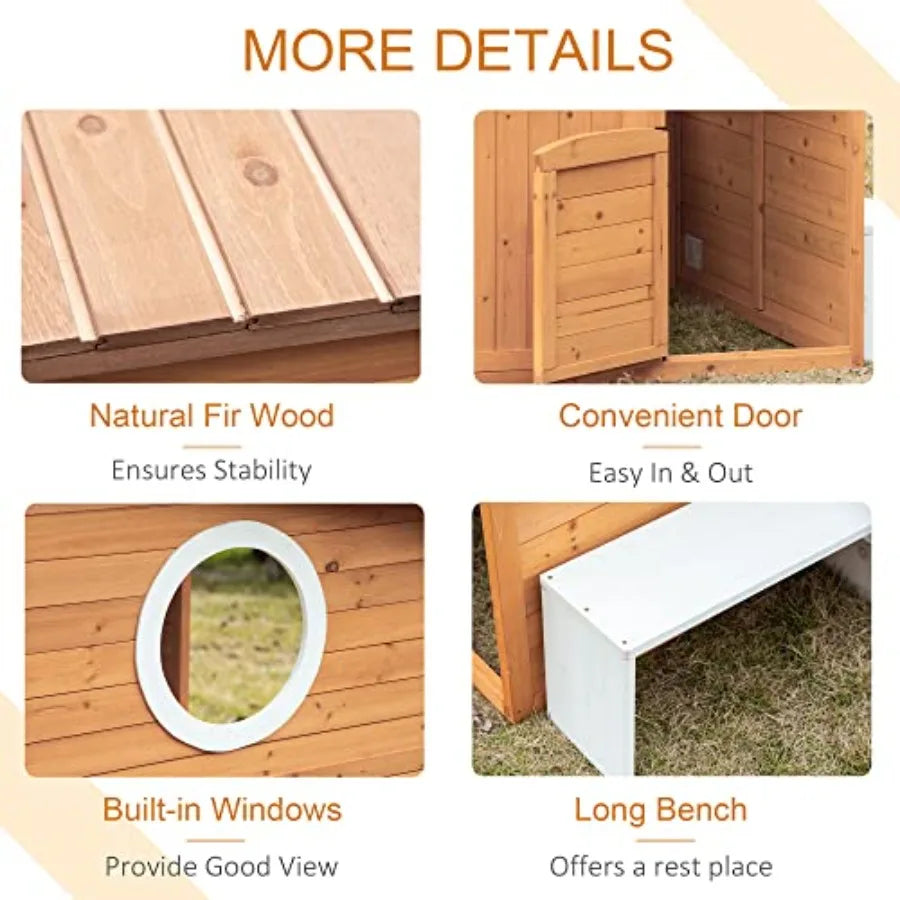 Outdoor Wooden Playhouse For Kids With Working Door, Yellow Finish, Includes Windows, Mailbox, Bench, And Flower Pot Holder