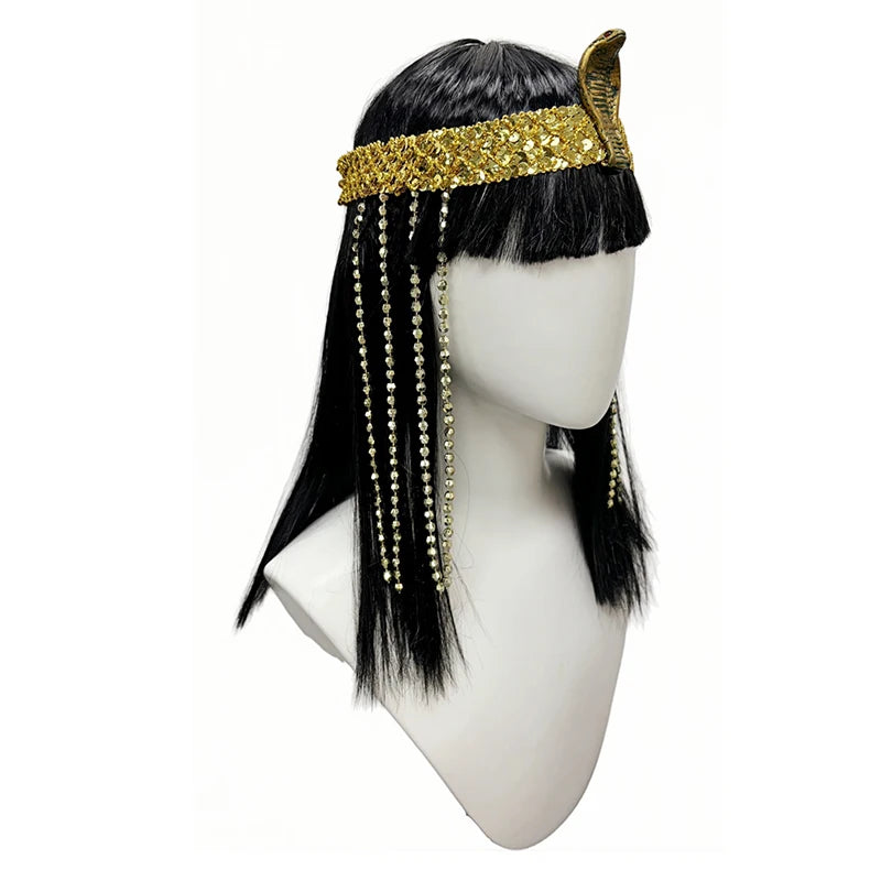 Black Cleopatra Wig Synthetic Straight Bangs Egyptian Queen Costume Wig Gold Snake Headband Bead Chains Halloween Cosplay Party