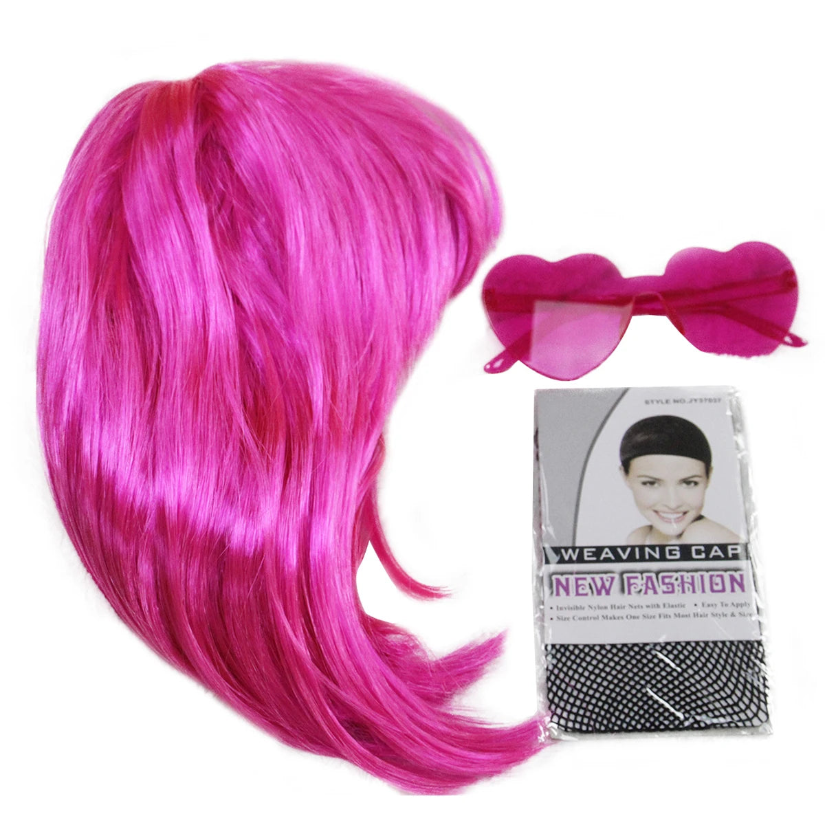 Hot Pink Bob Wig Synthetic Short Straight Bangs Heart Sunglasses Wig Cap Set Halloween Cosplay Costume Party Disco Bachelorette