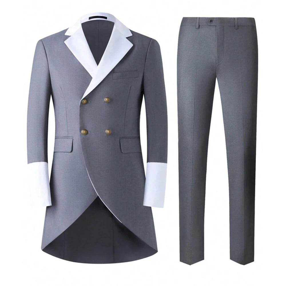 Men Tailcoat Suit 2 Pieces Double Breasted Brown Tuxedo White Contrast Lapel Cuff Groom Wedding Formal Evening Party Jacket Pants